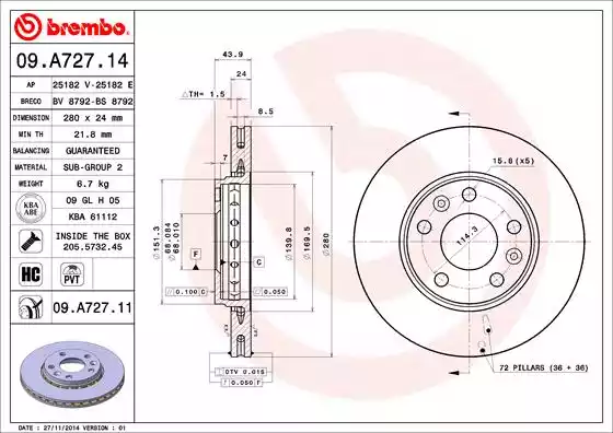 Brembo 09.A727.14 ��������� ����, 1��