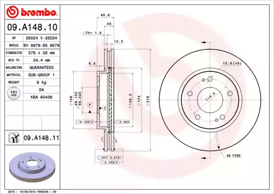 Brembo 09.A148.10 ��������� ����, 1��