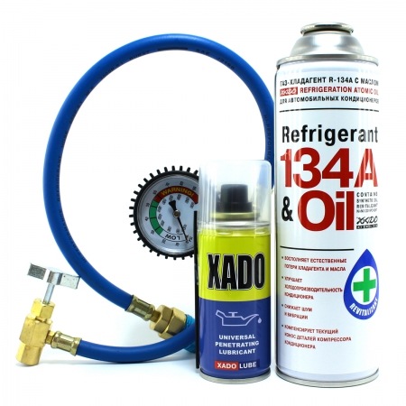 Фото 2 - Xado Комплект для дозаправки кондиционера Xado refrigerant 134a & Oil и Тест-коннектор + wd-40 в подарок 